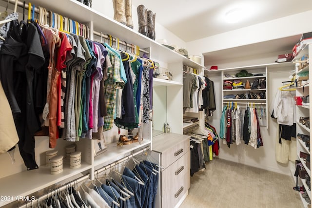 walk in closet with light carpet