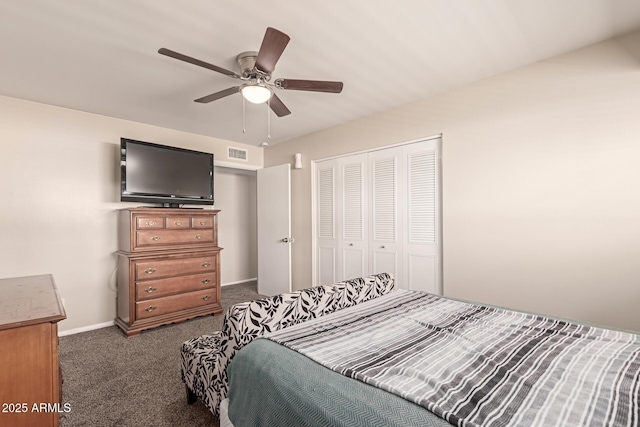 bedroom featuring ceiling fan, visible vents, baseboards, a closet, and dark colored carpet