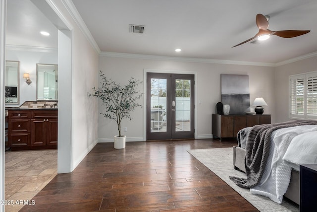 bedroom featuring ceiling fan, french doors, crown molding, hardwood / wood-style floors, and access to outside