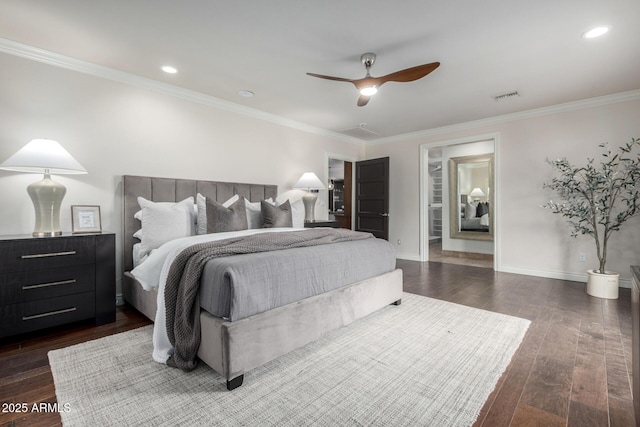 bedroom featuring ornamental molding, ceiling fan, and dark wood-type flooring