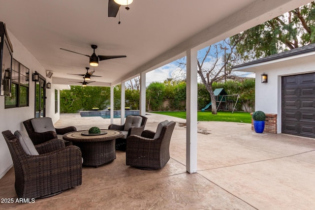 view of patio with an outdoor living space and a playground