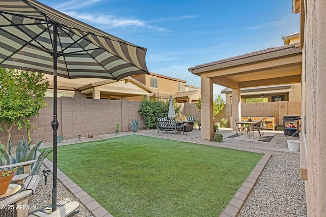 view of yard with a patio area and a fenced backyard