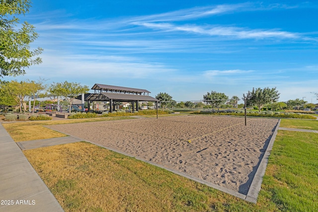 view of home's community featuring a gazebo, a lawn, and volleyball court