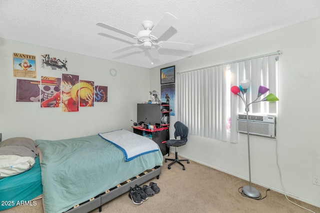 carpeted bedroom featuring ceiling fan, cooling unit, and a textured ceiling