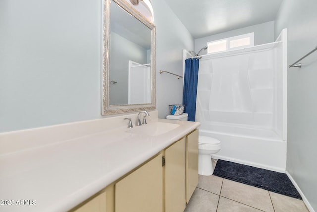 full bathroom featuring shower / bathtub combination with curtain, tile patterned floors, toilet, and vanity