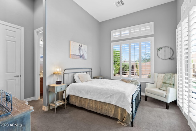 bedroom with a high ceiling and dark carpet