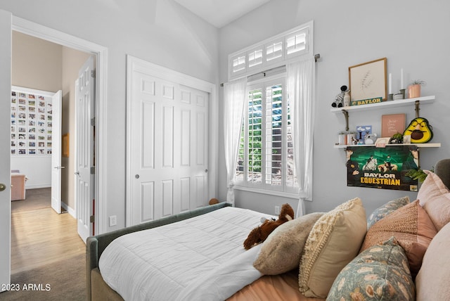 bedroom featuring light wood-type flooring and a closet