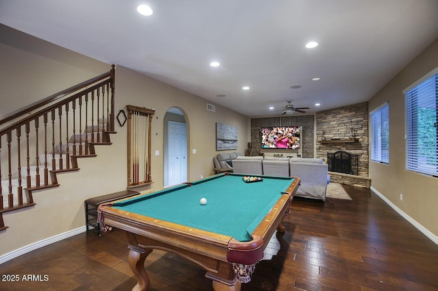 rec room with hardwood / wood-style floors, pool table, recessed lighting, arched walkways, and a ceiling fan
