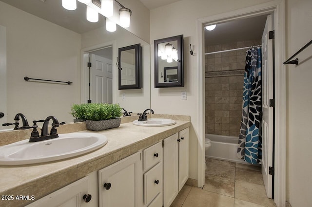 bathroom with tile patterned flooring, double vanity, a sink, and shower / bathtub combination with curtain