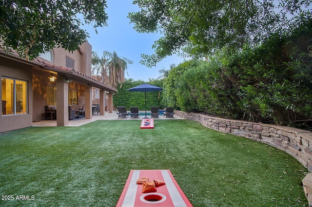 view of yard with an outdoor living space and a patio area