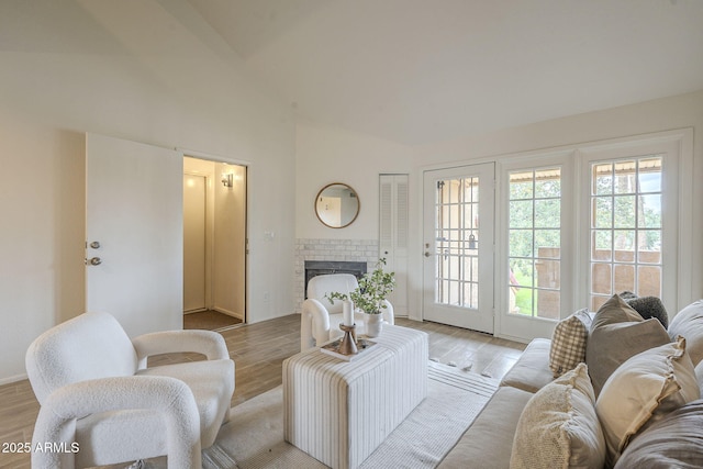 living area with a fireplace and light wood finished floors