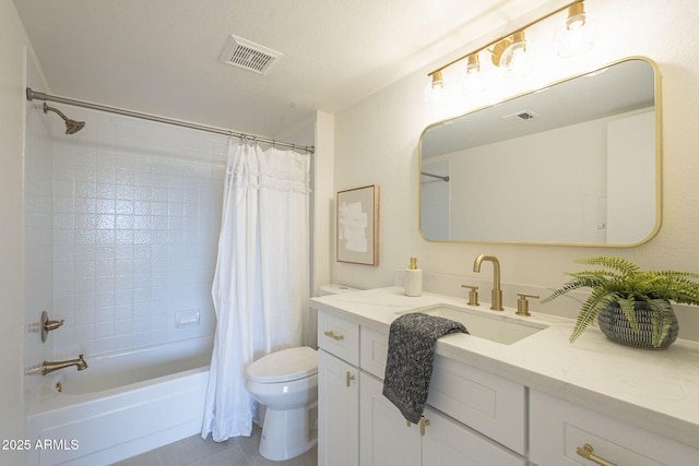 bathroom featuring tile patterned floors, toilet, shower / bathtub combination with curtain, and visible vents