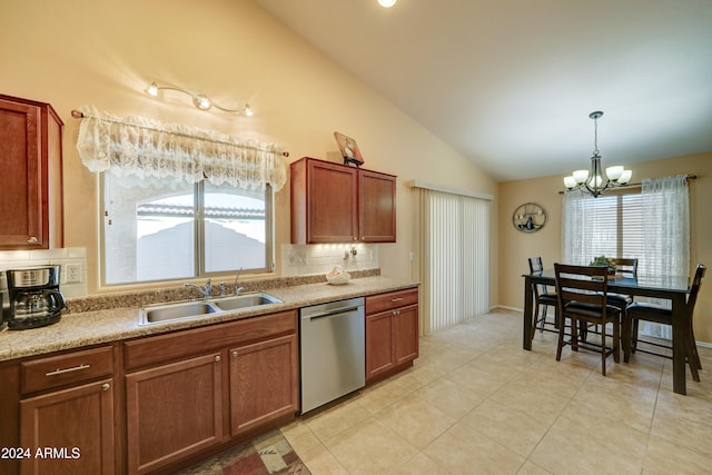 kitchen featuring sink, stainless steel dishwasher, a notable chandelier, decorative light fixtures, and vaulted ceiling