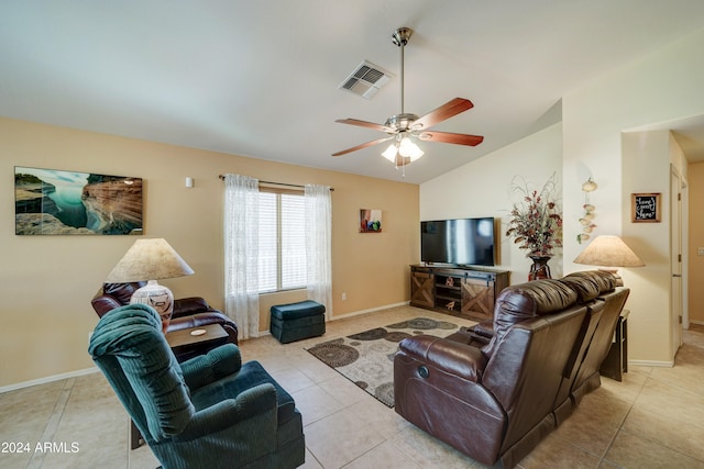 tiled living room featuring vaulted ceiling and ceiling fan