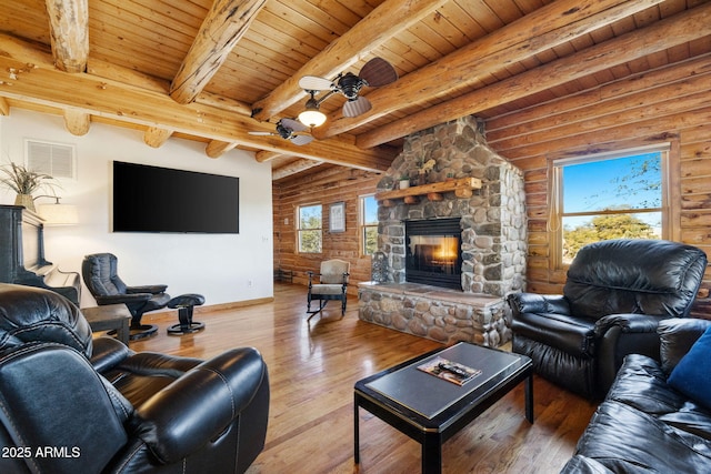 3155 N State Route 89, Prescott, AZ 86301 - living room featuring hardwood / wood-style flooring, log walls, wood ceiling, and a fireplace