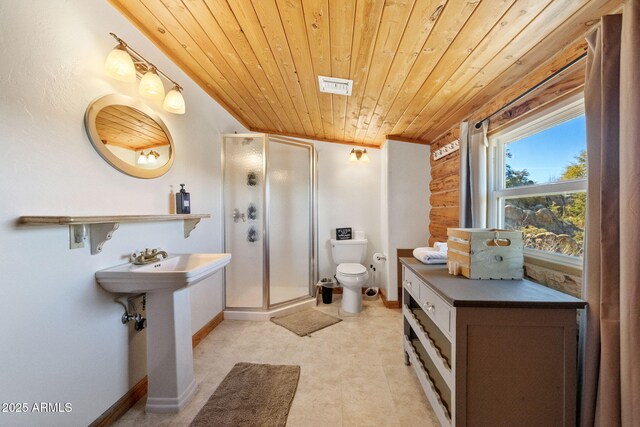 3155 N State Route 89, Prescott, AZ 86301 - bathroom featuring rustic walls, toilet, an enclosed shower, and wooden ceiling
