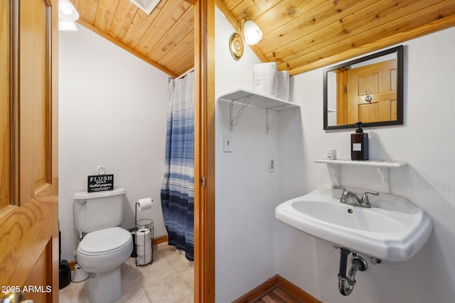 3155 N State Route 89, Prescott, AZ 86301 - bathroom with toilet, wood ceiling, vaulted ceiling, a shower with shower curtain, and tile patterned flooring