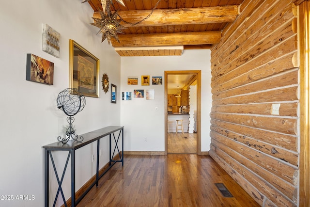 3155 N State Route 89, Prescott, AZ 86301 - hall featuring beamed ceiling, dark wood-type flooring, and wooden ceiling