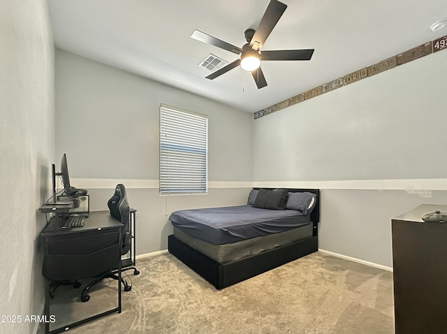 bedroom featuring visible vents, ceiling fan, baseboards, and carpet floors