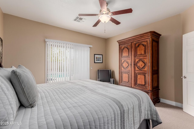 bedroom featuring visible vents, baseboards, ceiling fan, access to exterior, and light colored carpet