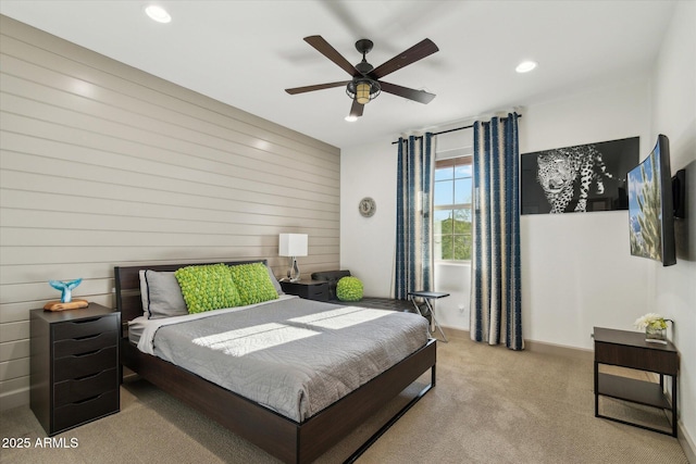 15711 S 11th Ave, Phoenix, AZ 85045 - bedroom with carpet flooring, recessed lighting, wooden walls, ceiling fan, and baseboards