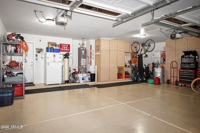 garage featuring a garage door opener, white fridge, and water heater