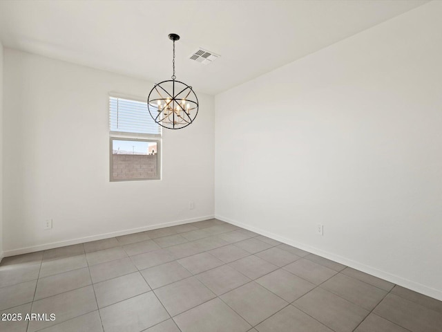 tiled empty room featuring baseboards, a notable chandelier, and visible vents