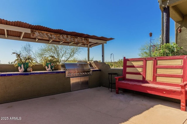 view of patio with an outdoor kitchen and a grill