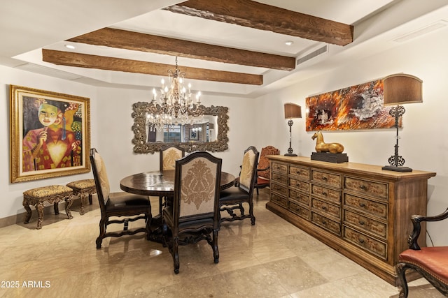 dining room featuring beamed ceiling and a notable chandelier