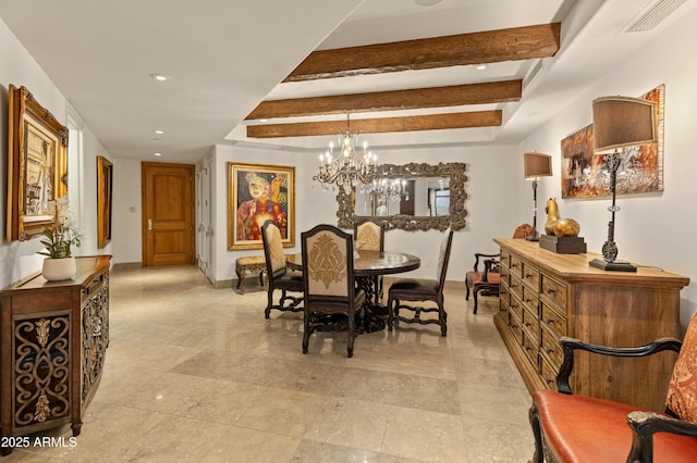 dining area with beam ceiling and an inviting chandelier