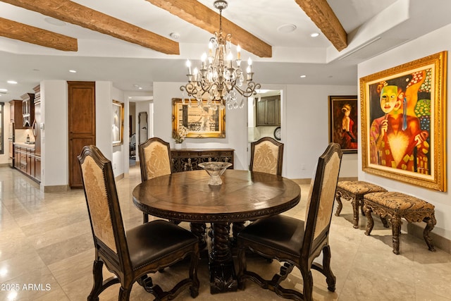 dining space featuring beam ceiling and a chandelier