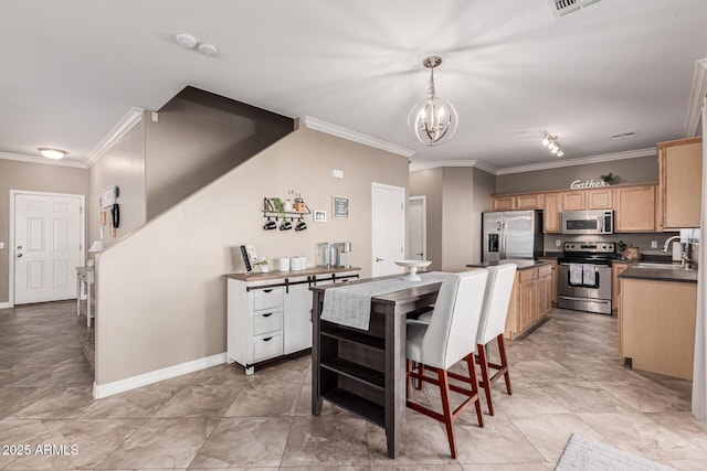 kitchen with a chandelier, decorative light fixtures, stainless steel appliances, light brown cabinetry, and sink