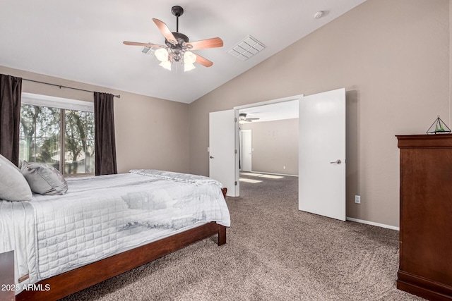 carpeted bedroom featuring vaulted ceiling and ceiling fan