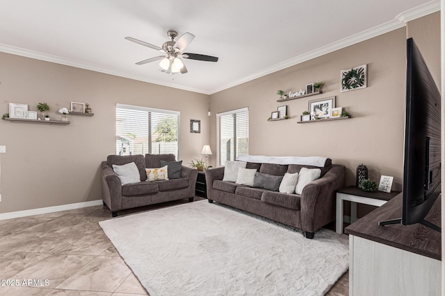 living room featuring ornamental molding, ceiling fan, and tile patterned floors