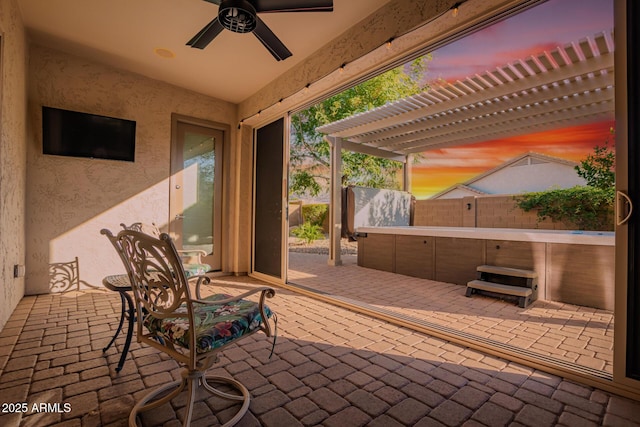 5607 W Alyssa Ln, Phoenix, AZ 85083 - fenced backyard with a hot tub, a patio, ceiling fan, and a pergola