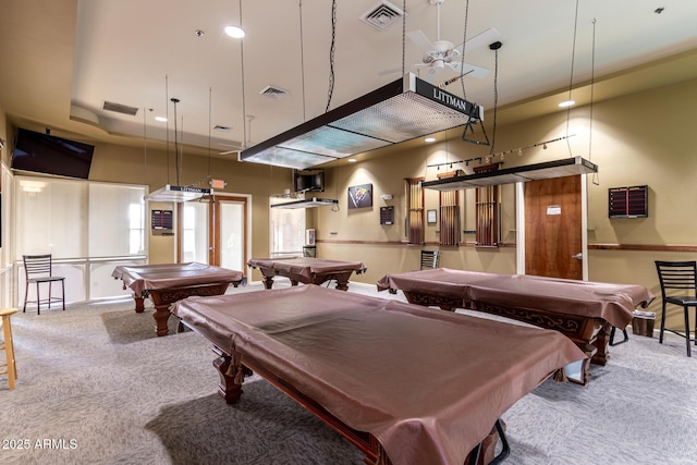 rec room with a high ceiling, billiards, and carpet flooring