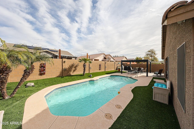 view of pool with a fenced in pool, a patio, a fenced backyard, and a pergola