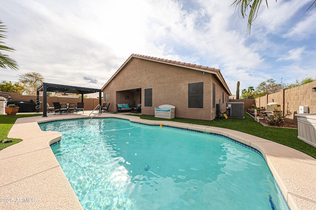 view of pool featuring a patio, central AC, a fenced backyard, outdoor lounge area, and a fenced in pool