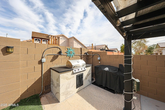 view of patio / terrace with area for grilling and a fenced backyard