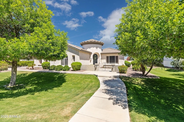 3356 E Vallejo Ct, Gilbert, AZ 85298 - mediterranean / spanish house with stucco siding, a front lawn, and a tile roof