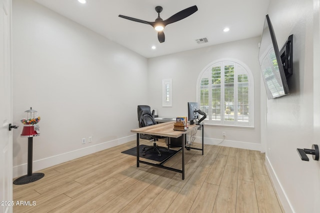 3356 E Vallejo Ct, Gilbert, AZ 85298 - office space featuring recessed lighting, a ceiling fan, visible vents, light wood-style flooring, and baseboards