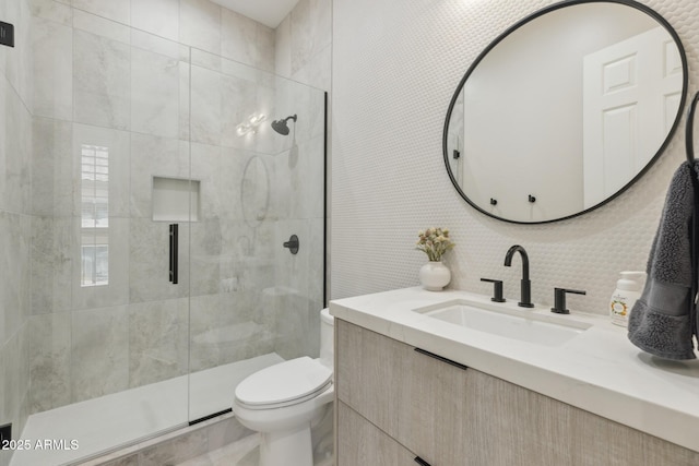 3356 E Vallejo Ct, Gilbert, AZ 85298 - full bath with toilet, a stall shower, tile walls, and vanity