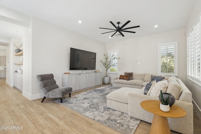 3356 E Vallejo Ct, Gilbert, AZ 85298 - living area with recessed lighting, a ceiling fan, baseboards, and light wood-style floors