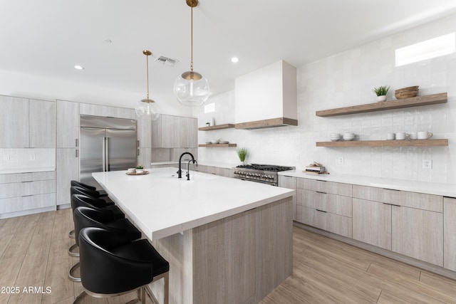 3356 E Vallejo Ct, Gilbert, AZ 85298 - kitchen featuring open shelves, modern cabinets, visible vents, premium appliances, and a kitchen breakfast bar