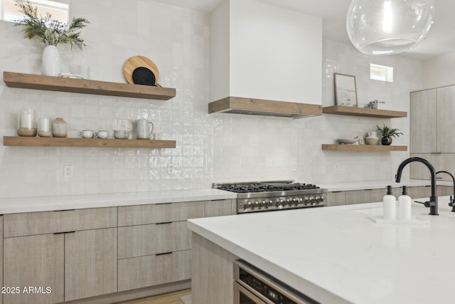 3356 E Vallejo Ct, Gilbert, AZ 85298 - kitchen with wall chimney exhaust hood, modern cabinets, and open shelves