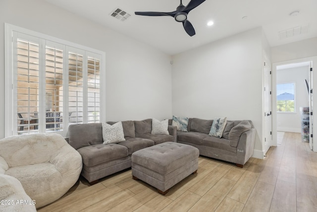 3356 E Vallejo Ct, Gilbert, AZ 85298 - living room with recessed lighting, a ceiling fan, visible vents, and light wood-style flooring