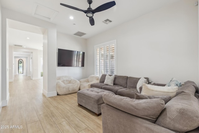3356 E Vallejo Ct, Gilbert, AZ 85298 - living room featuring visible vents, attic access, light wood-style floors, and recessed lighting