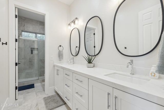 3356 E Vallejo Ct, Gilbert, AZ 85298 - bathroom with double vanity, a sink, a shower stall, and baseboards