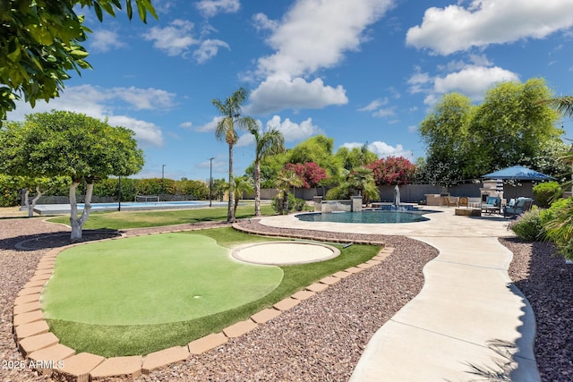 3356 E Vallejo Ct, Gilbert, AZ 85298 - view of property's community featuring a tennis court, a patio area, a swimming pool, and fence