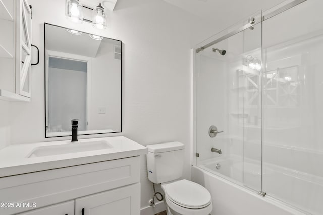 full bathroom with toilet, enclosed tub / shower combo, and vanity